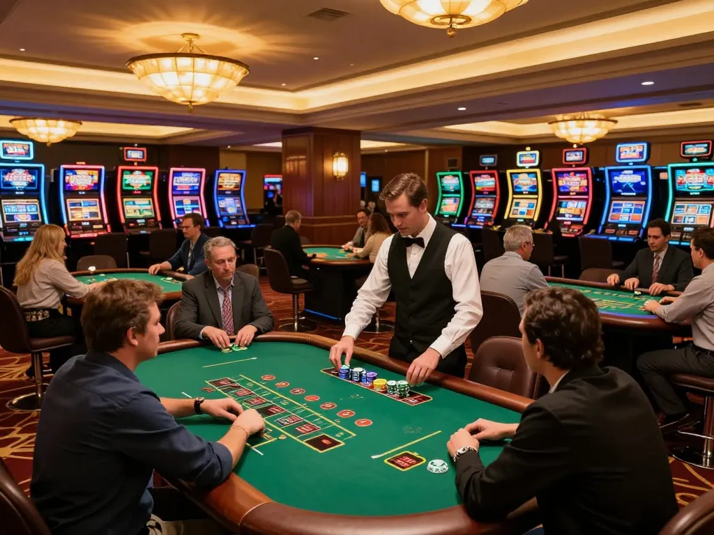 Players strategizing at FC88 blackjack tables in a luxurious casino setting, with dealers managing bets.