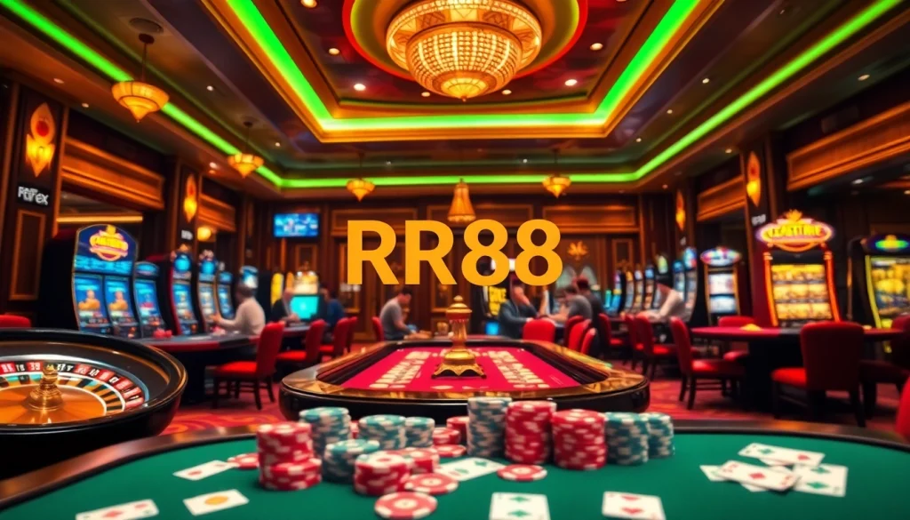 Experience the excitement of RR88 with vibrant games, colorful chips, and engaging players in a luxurious casino.