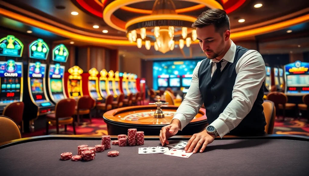 Experience the thrill of ox bet in a lavish casino setting, featuring poker tables and vibrant slot machines.