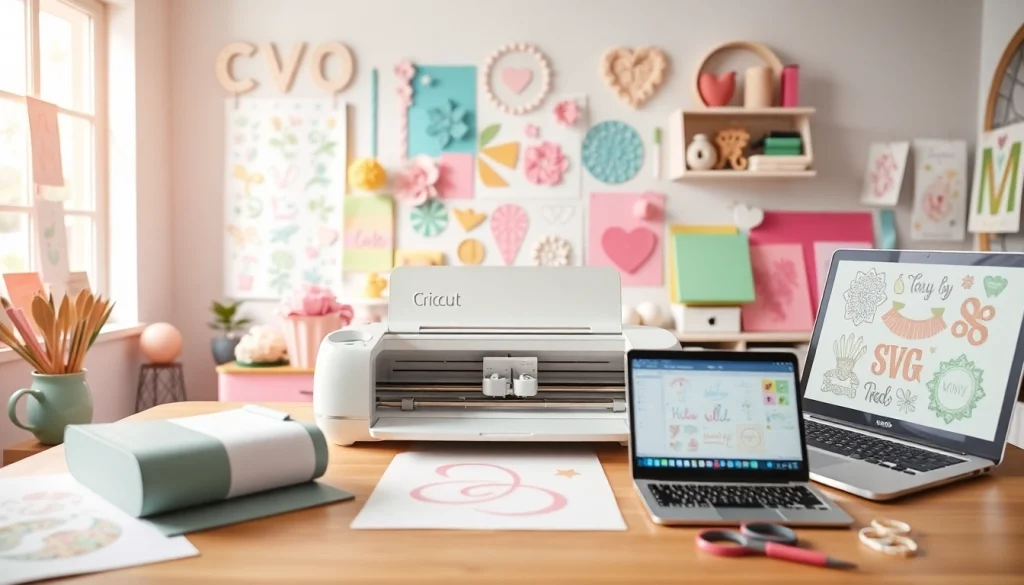 Cricut SVG designs in a colorful crafting workspace with a Cricut machine and creative materials.