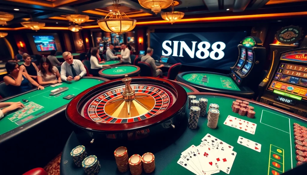 SIN88 casino scene with roulette wheel, poker chips, and vibrant slot machines, enhancing excitement for gamblers.