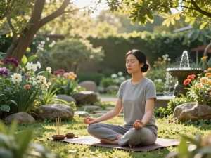 Individual meditating in a tranquil garden to transform negative thoughts into positive perspectives.