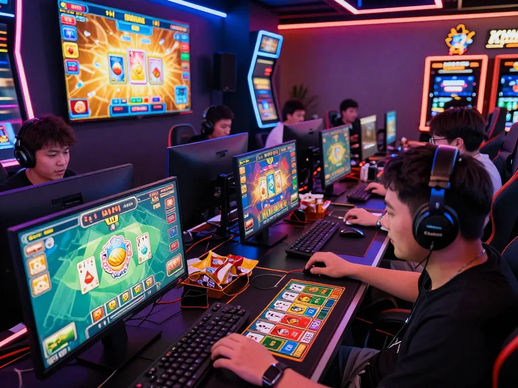 Players enjoying rikvip online gaming experience surrounded by colorful visuals and vibrant atmosphere