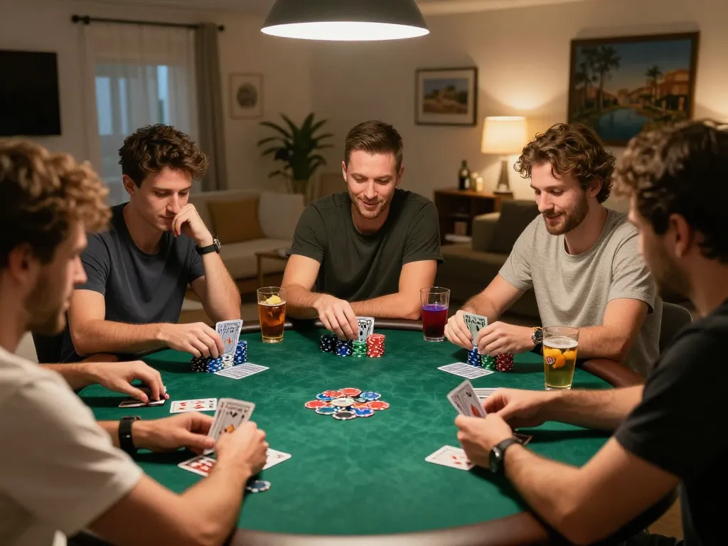 Engaging poker game night with players at home features dynamic strategy moments and fun atmosphere, centered around WIN79.