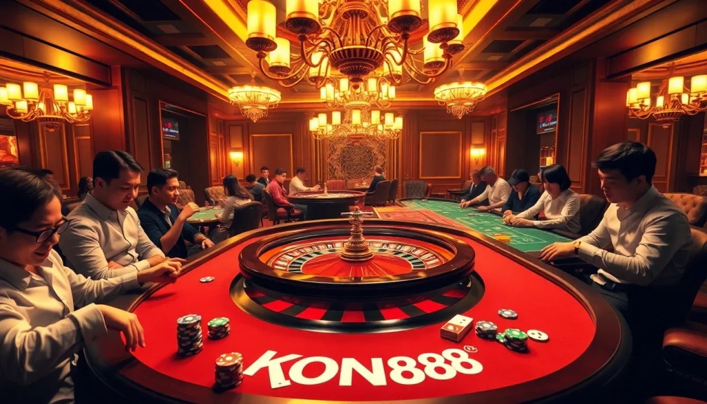 KONG88 enhances excitement at a luxurious roulette table in a vibrant casino scene.