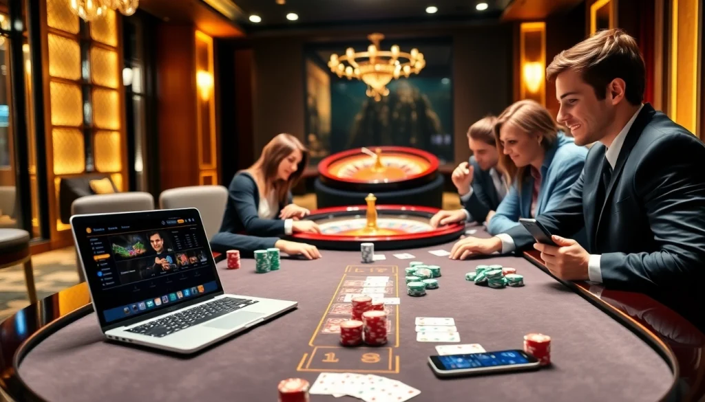 A vibrant casino scene featuring keonhacai betting on poker tables and roulette games, showcasing excitement and luxury.