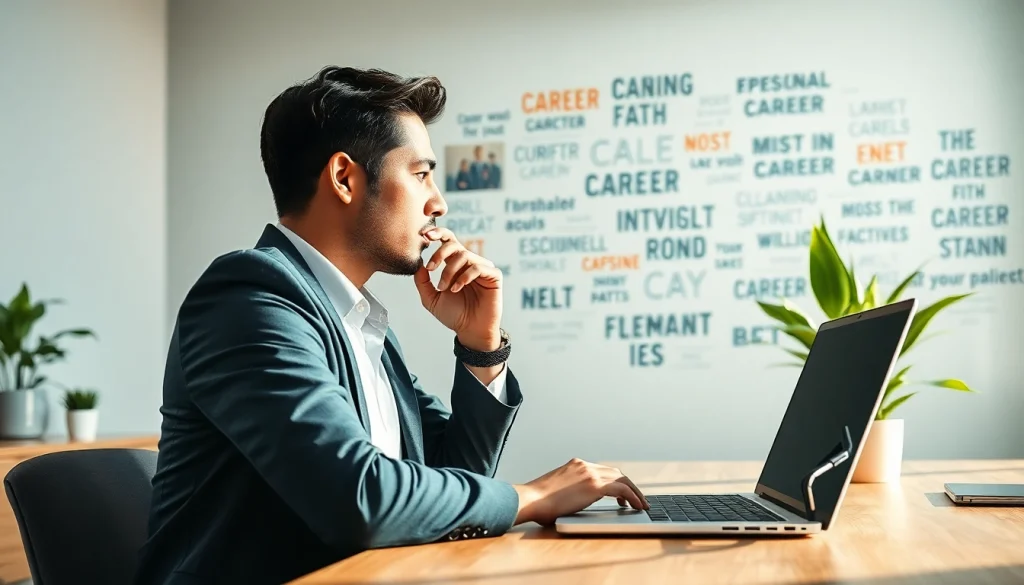 Person reflecting on their ideal career journey at a modern desk.