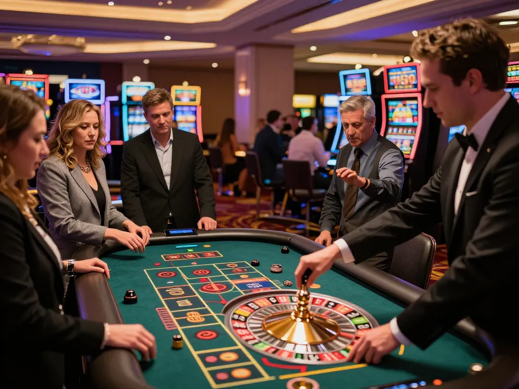 Man Club players placing bets at a thrilling roulette table in an upscale casino atmosphere