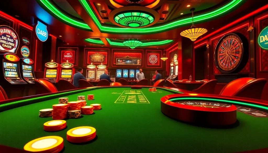 Experience high-stakes excitement with DA88-themed luxury casino gaming atmosphere featuring poker and roulette.
