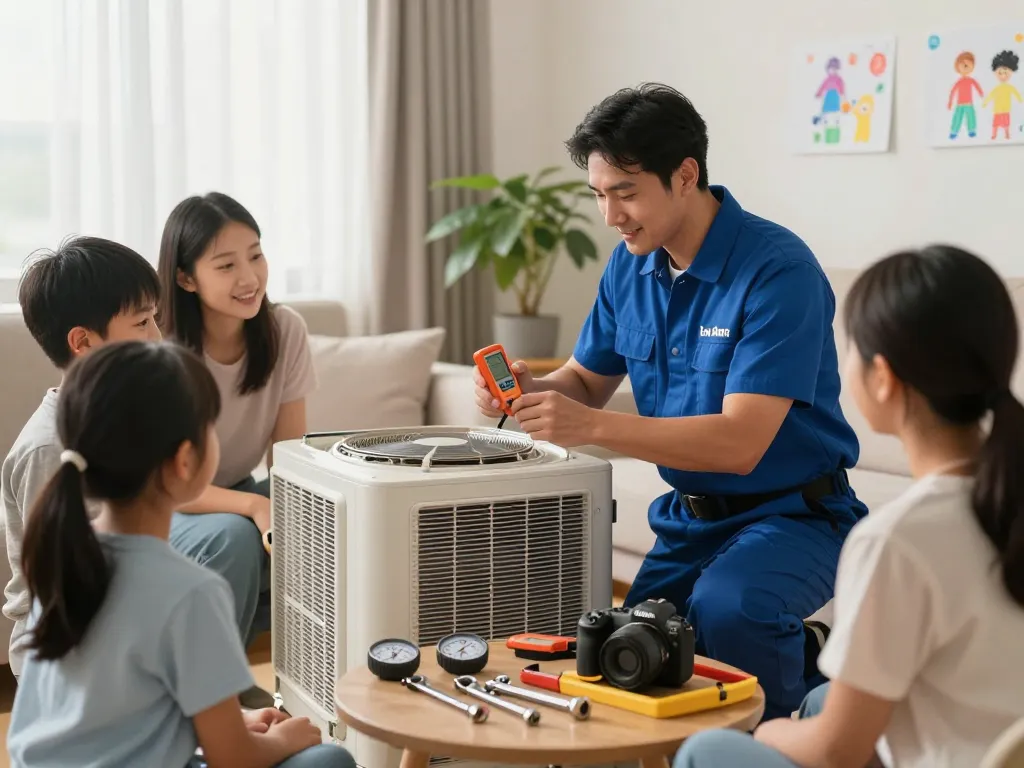 Technician inspecting HVAC system in a family living room emphasizing trust in hvac in las vegas services.