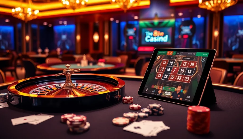 Engage with the nhà cái 8live at a vibrant casino table filled with poker chips and cards.