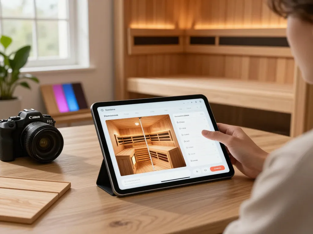 Sauna configurator tool in use, showcasing customizable sauna designs with warm home ambiance.
