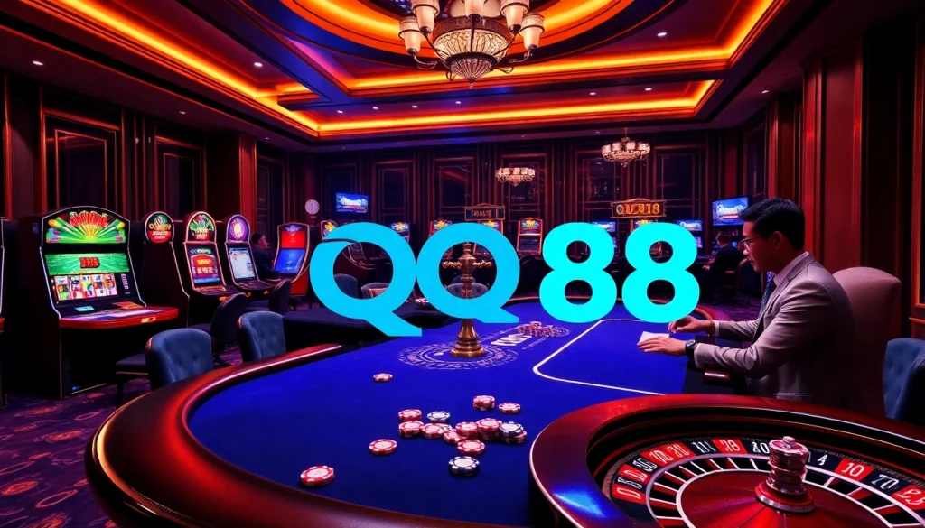 Engage with QQ88's premium casino gaming scene featuring poker tables and slot machines.