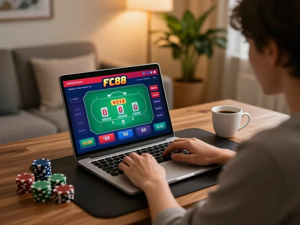 Engaging in FC88 online poker gameplay from the comfort of home, showcasing strategy and excitement.