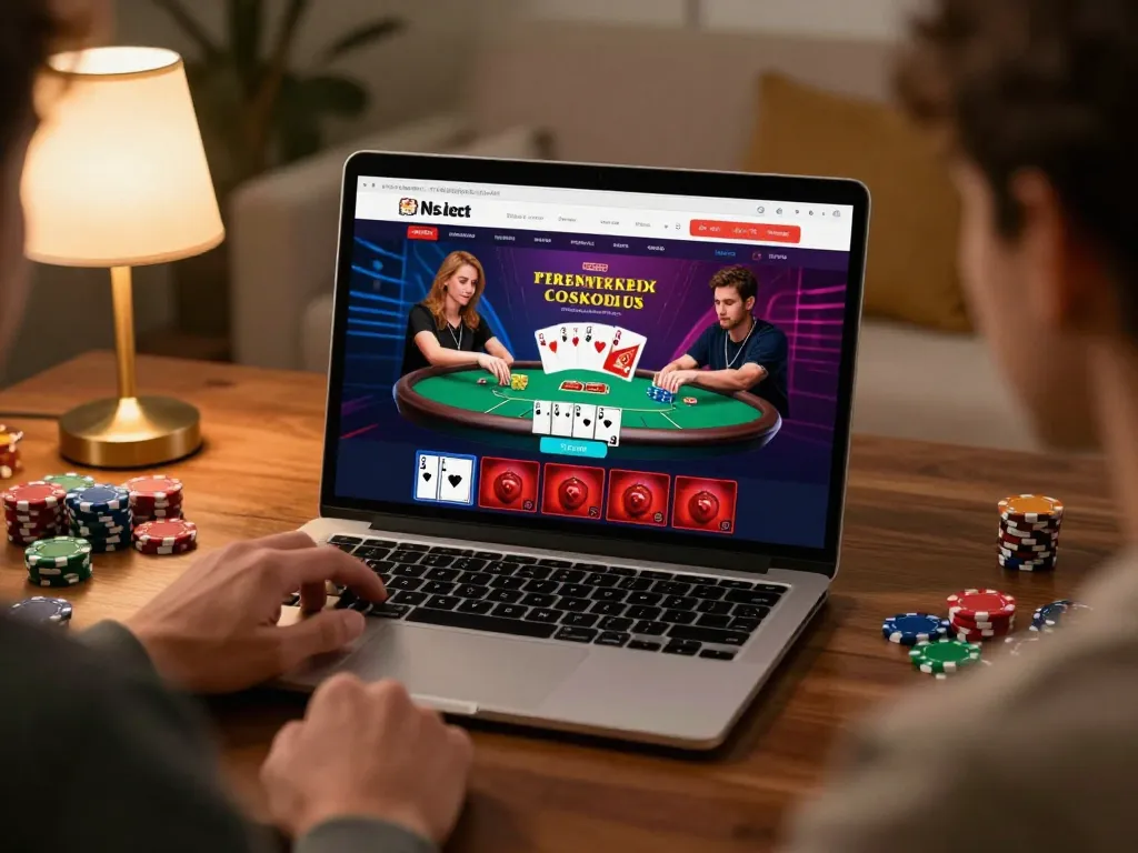 Engaging in poker at home using the online platform https://rr88.select/ on a laptop, showcasing excitement and comfort.