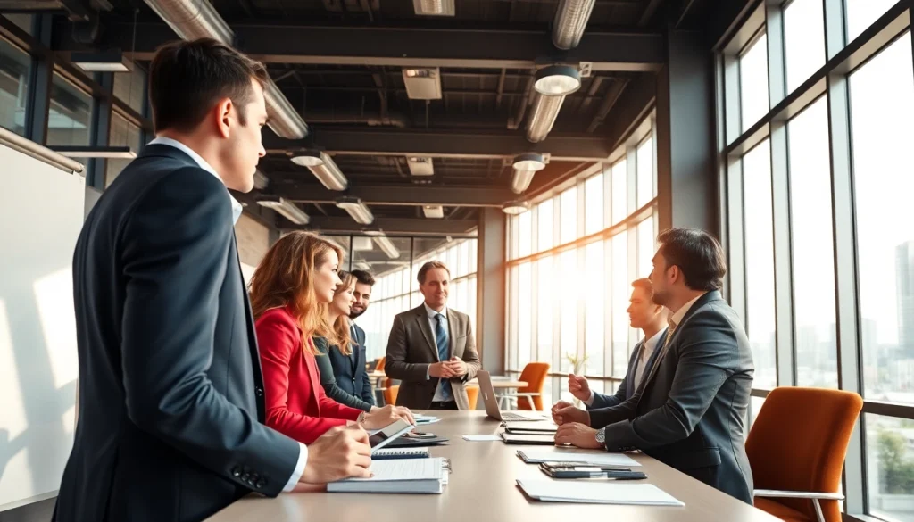 Engaged clients collaborating with a business coach near me in a bright office environment.