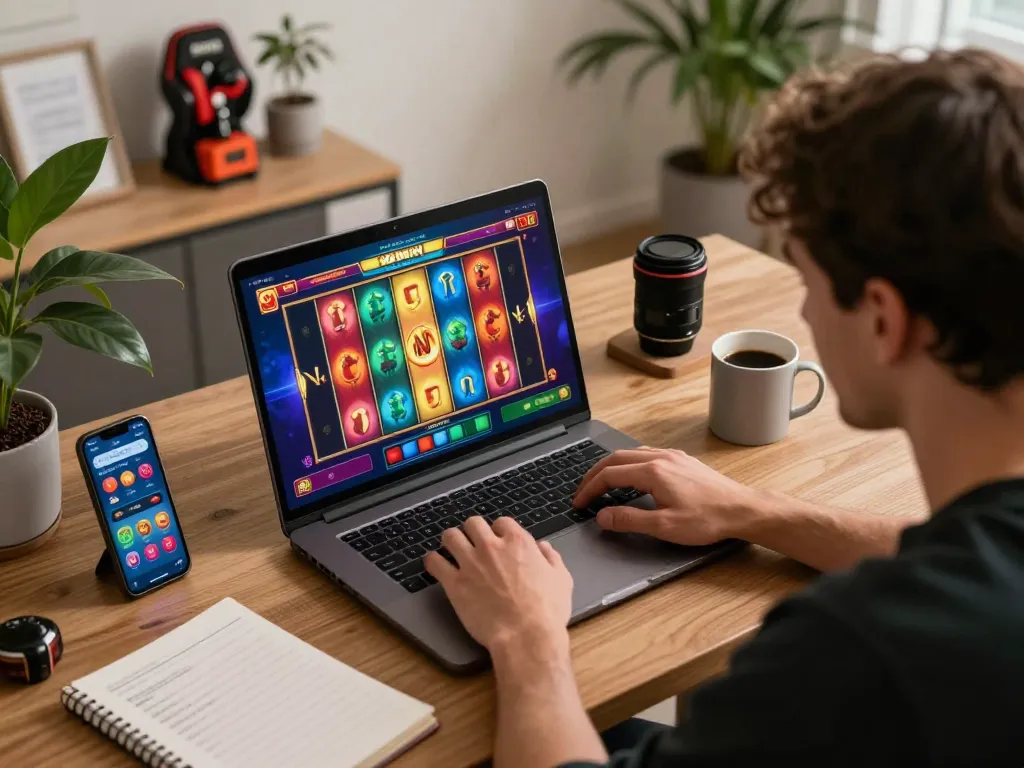 Engaged player spinning reels on MM88 online casino in a cozy home setting with gaming strategies visible.