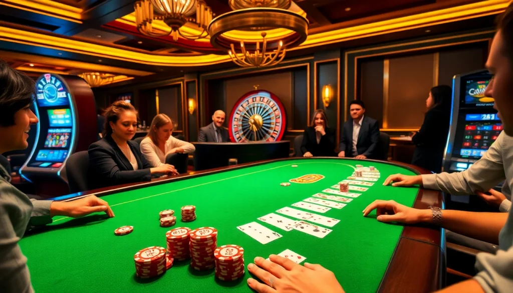 Players engaging in intense gameplay at a km88 bet poker table, filled with colorful chips and cards.