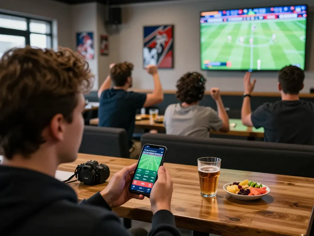Pemain judi yang terlibat menggunakan smartphone untuk Judi Bola selama pertandingan sepak bola langsung di bar olahraga yang ramai.