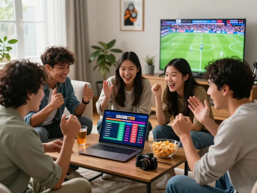 Friends enjoying SBOBET88 betting experience in a lively living room during a sports match.
