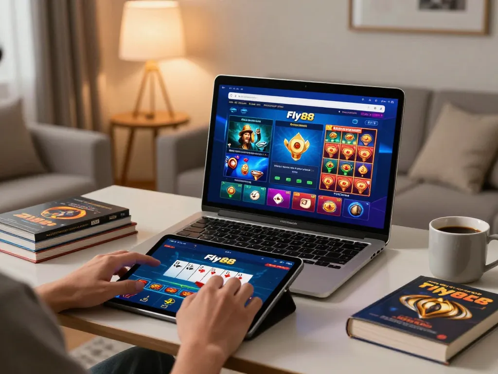 Play poker and slots on fly88 with a modern tablet in a cozy home setup
