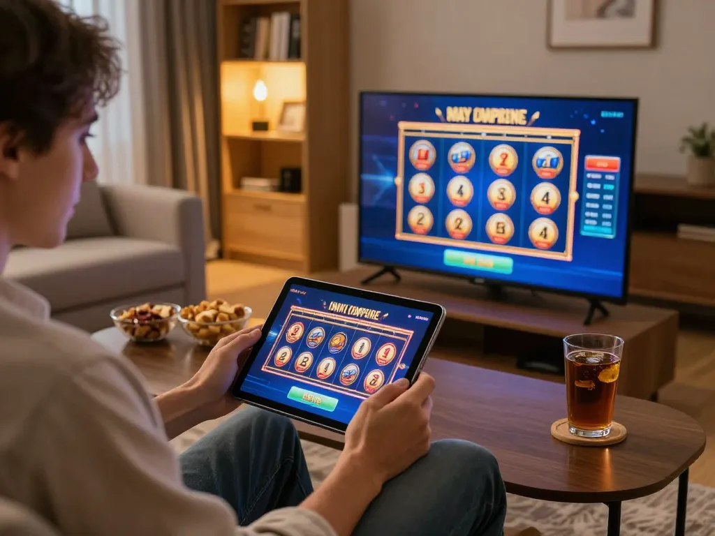 Engaged player using may88sss for online gaming in a cozy living room with snacks.