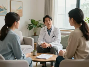 Consultation on ADHD 成人 symptoms with a psychiatrist in a calming clinic.