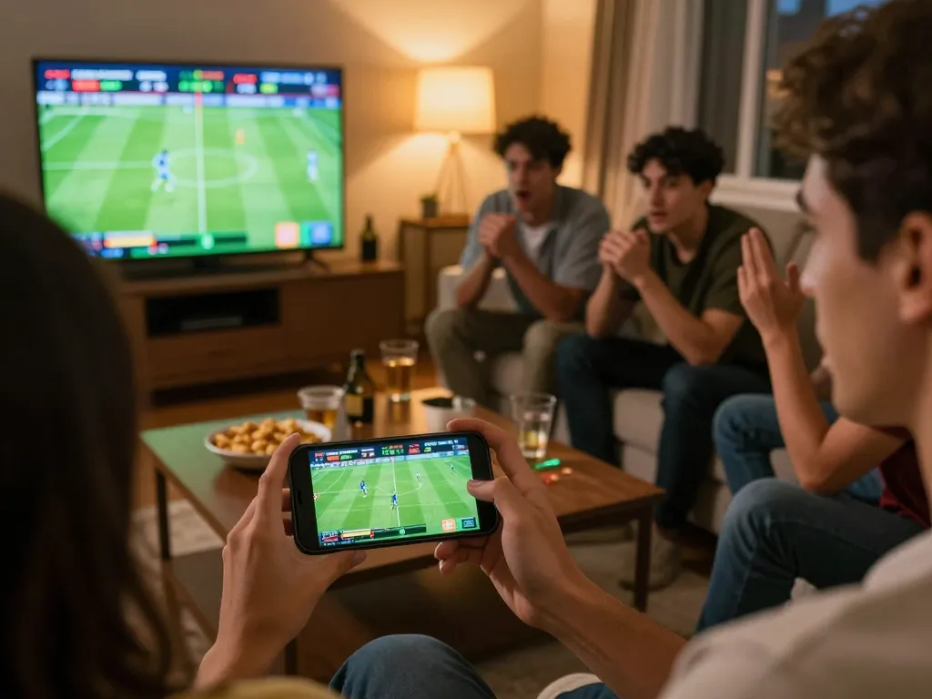 Active sports betting scene with a smartphone displaying Tỷ Lệ Bóng Đá odds in a cozy home setting