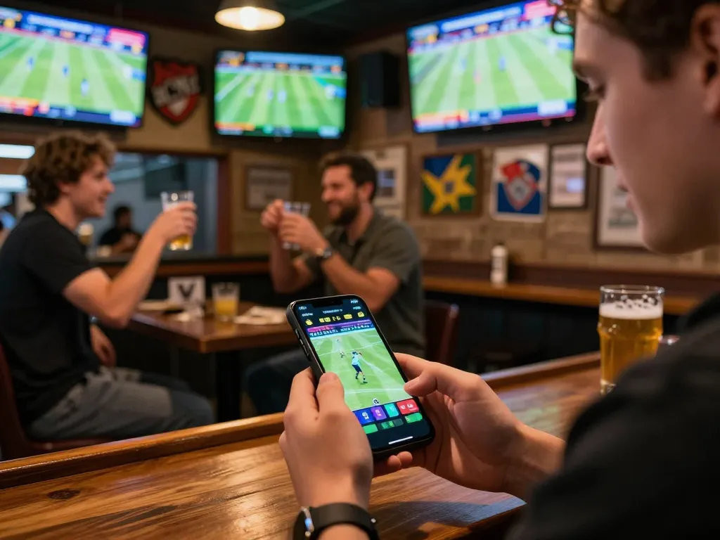 Engaging sports betting action emphasizing tỷ lệ nhà cái while bettors enjoy a lively sports bar atmosphere.