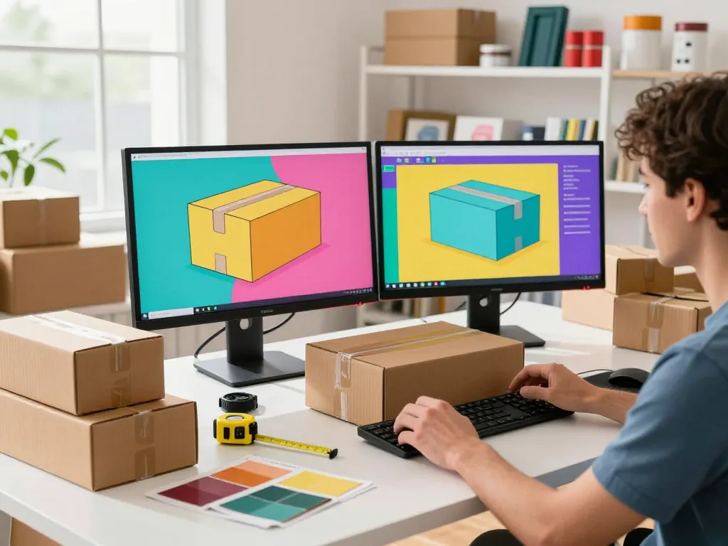 Engaging workspace scene of corrugated carton design process, highlighting vibrant designs and innovative packaging.