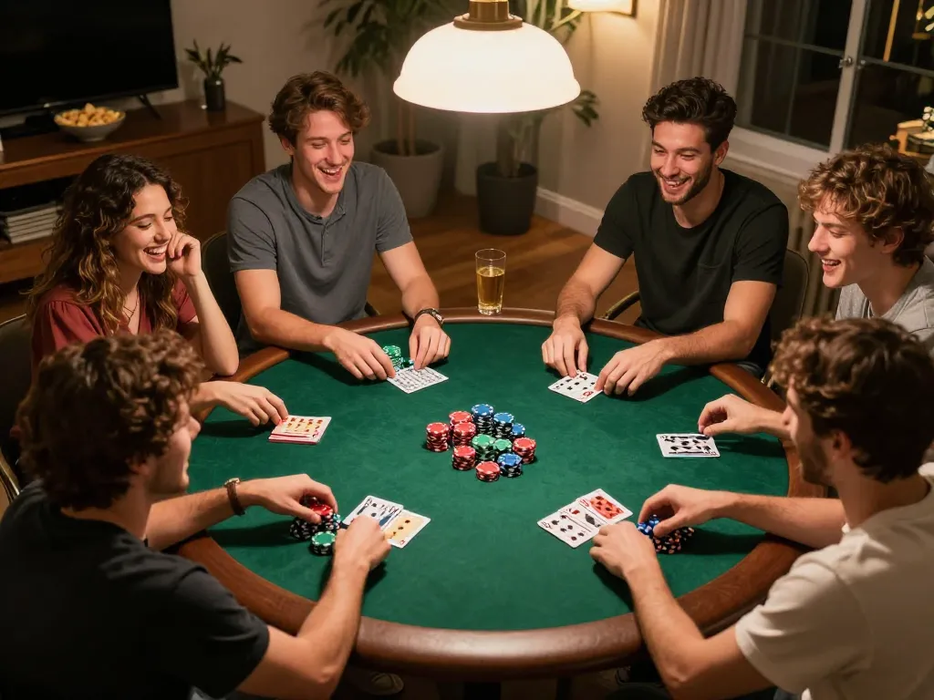 Friends playing poker at home, showcasing excitement with Nhà cái Luck8 and strategic gameplay