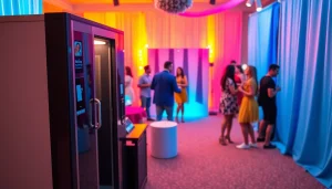 Capture joyful moments with a colorful photo booth rental setup at a vibrant event.