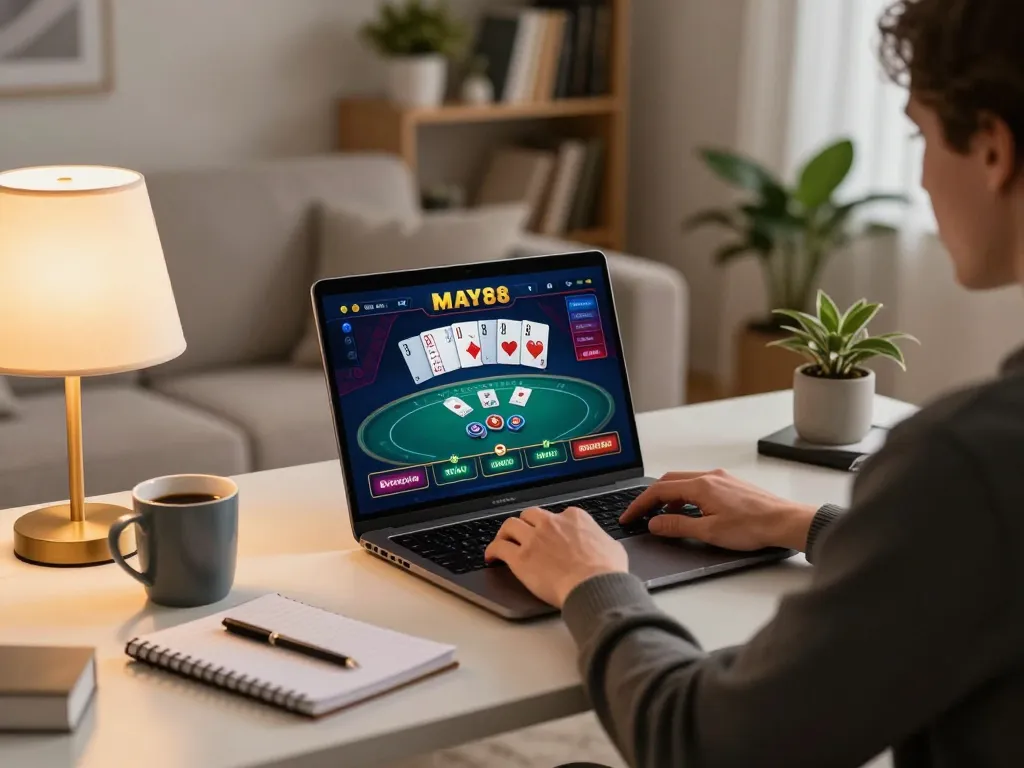 MAY88 player engaging with an online poker game setup at home