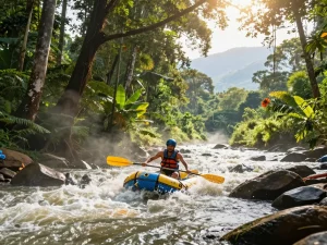 Dandeli adventure with traveler rafting on the Kali River surrounded by lush jungle.