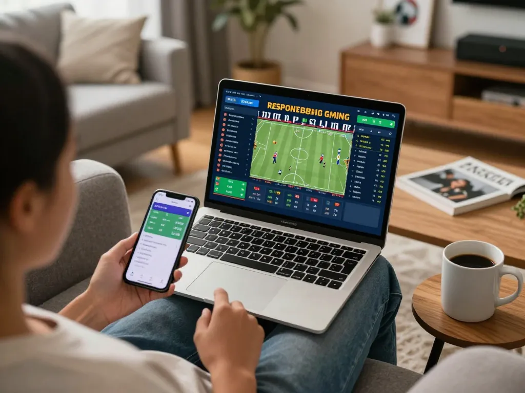 Person actively engaging in tỷ lệ kèo nhà cái 5 sports betting from home, showcasing live odds on a laptop.