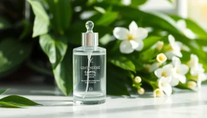 Highlighting a growth factor serum in an elegant setting with refreshing elements.