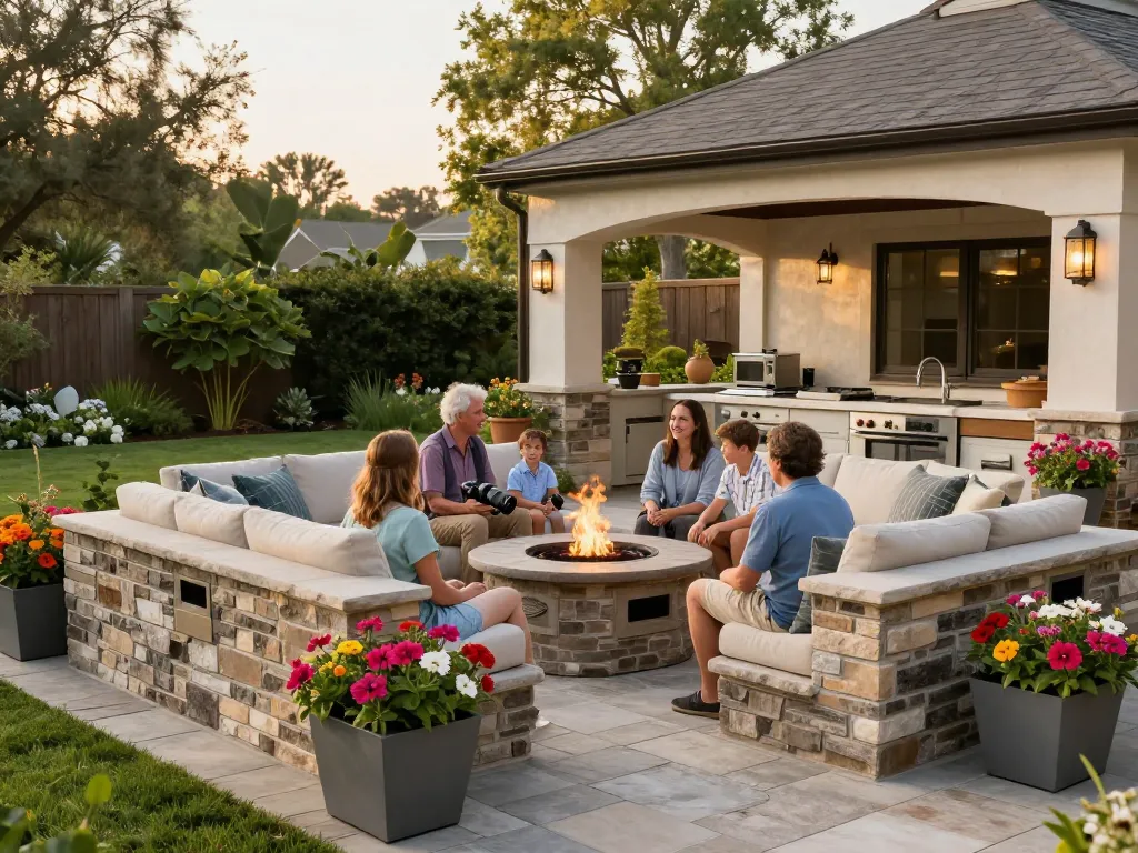 Paver patio near me with family enjoying time around a fire pit, enhancing outdoor living.