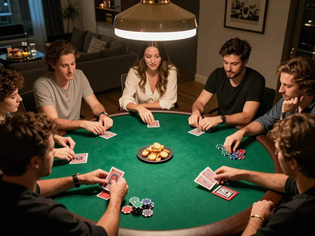 Friends enjoying a lively poker game at home, demonstrating strategic gameplay with xo88s