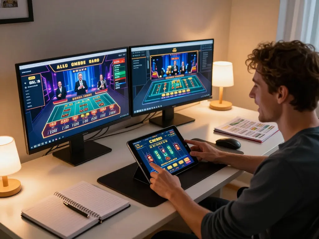 Player enjoying a thrilling experience with CM88 on multiple screens, showcasing live dealer games and interactive betting.