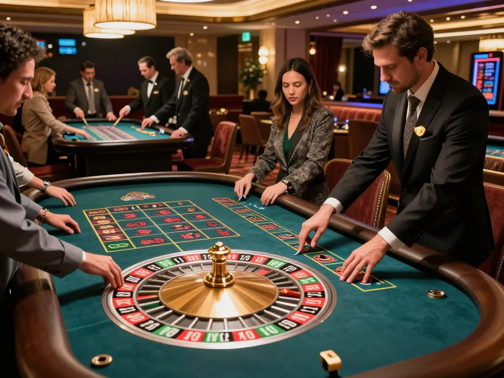 Max88 players placing bets at roulette tables in an upscale casino atmosphere.