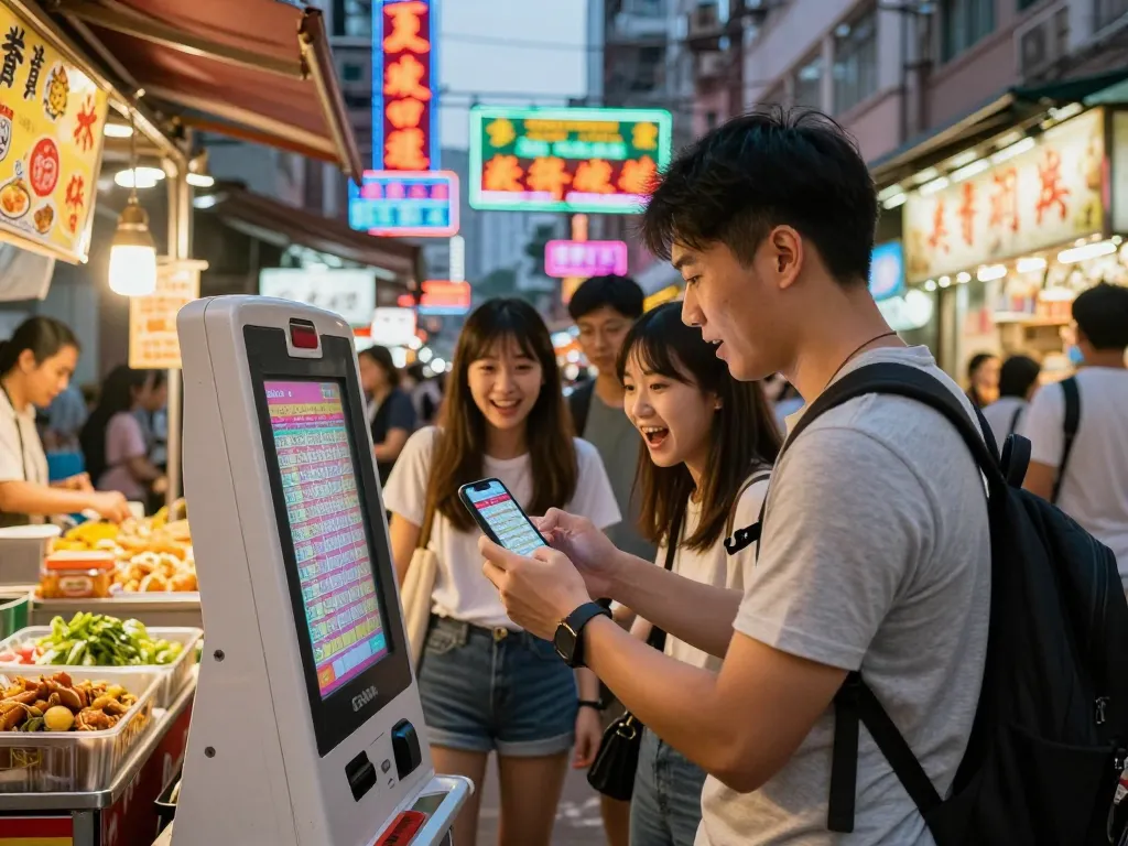 Teman-teman yang bersemangat memeriksa hasil lotere HK Malam Ini di kios jalan yang ramai di Hong Kong