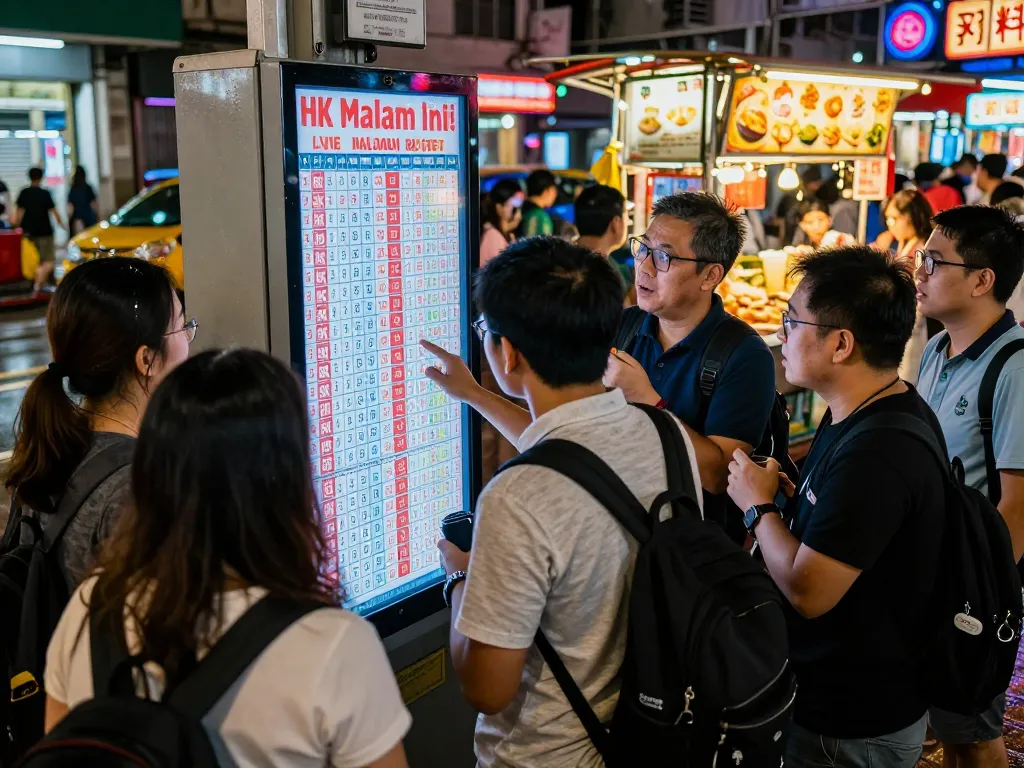 Pemain lotere yang bersemangat memeriksa hasil HK Malam Ini di lingkungan perkotaan yang ramai