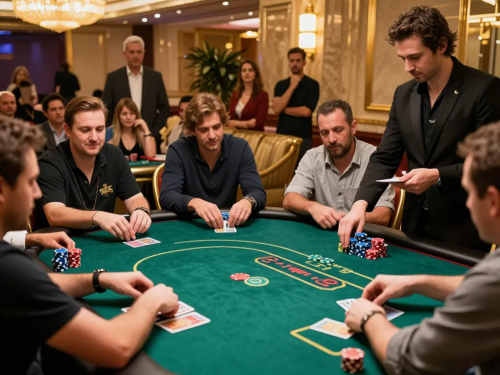 Players strategizing in a high-stakes poker game at DA88-themed casino table, showcasing colorful chips and intense concentration.