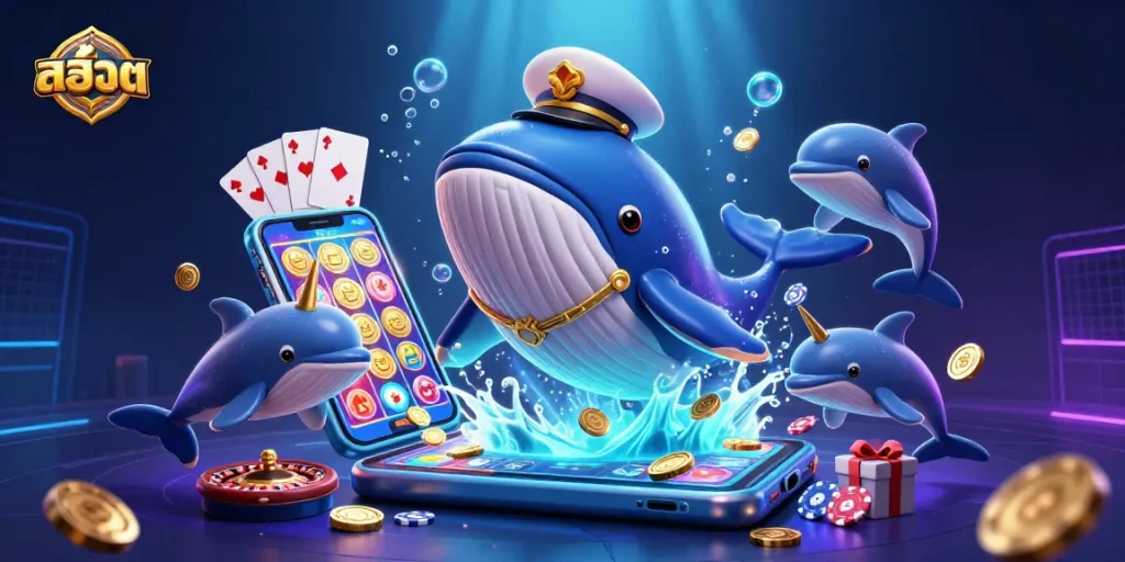 Experience thrilling สล็อต gameplay with a lively 3D illustration of casino elements and marine friends.