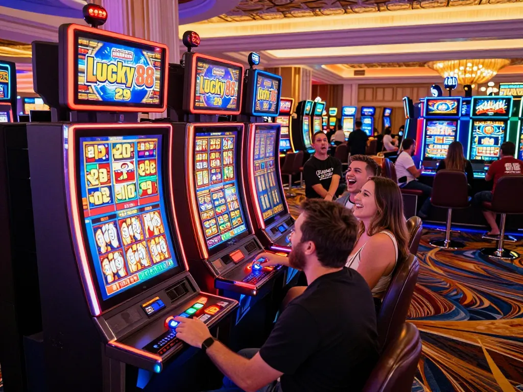 Players enjoying the lucky88 slot machine in a vibrant casino atmosphere, with excitement evident.