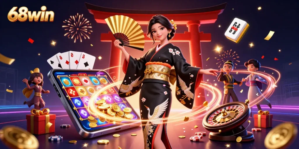 Experience thrilling gameplay with 68win's vibrant casino scene showcasing slots, poker cups, and festive elements.