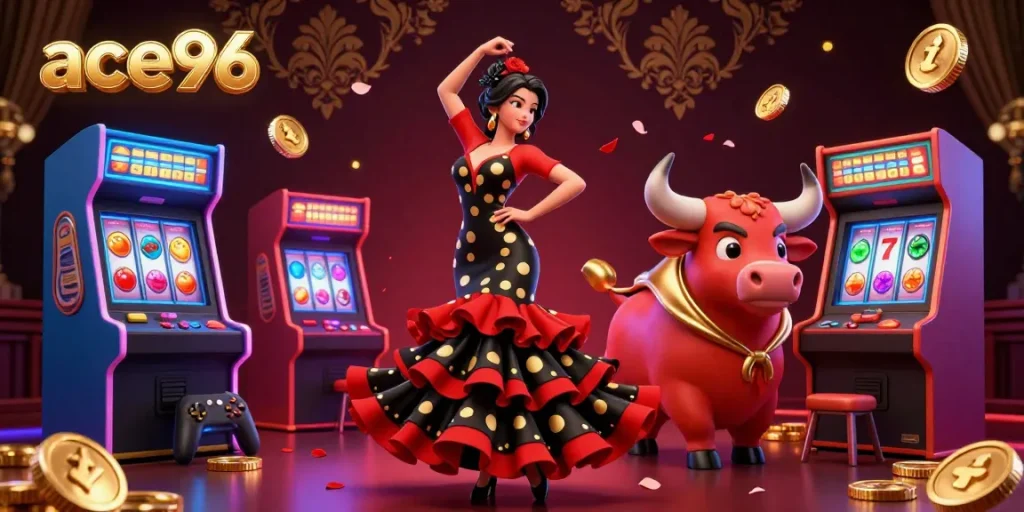 Experience the vibrant gaming energy of ace96 with a dynamic 3D casino scene full of action.