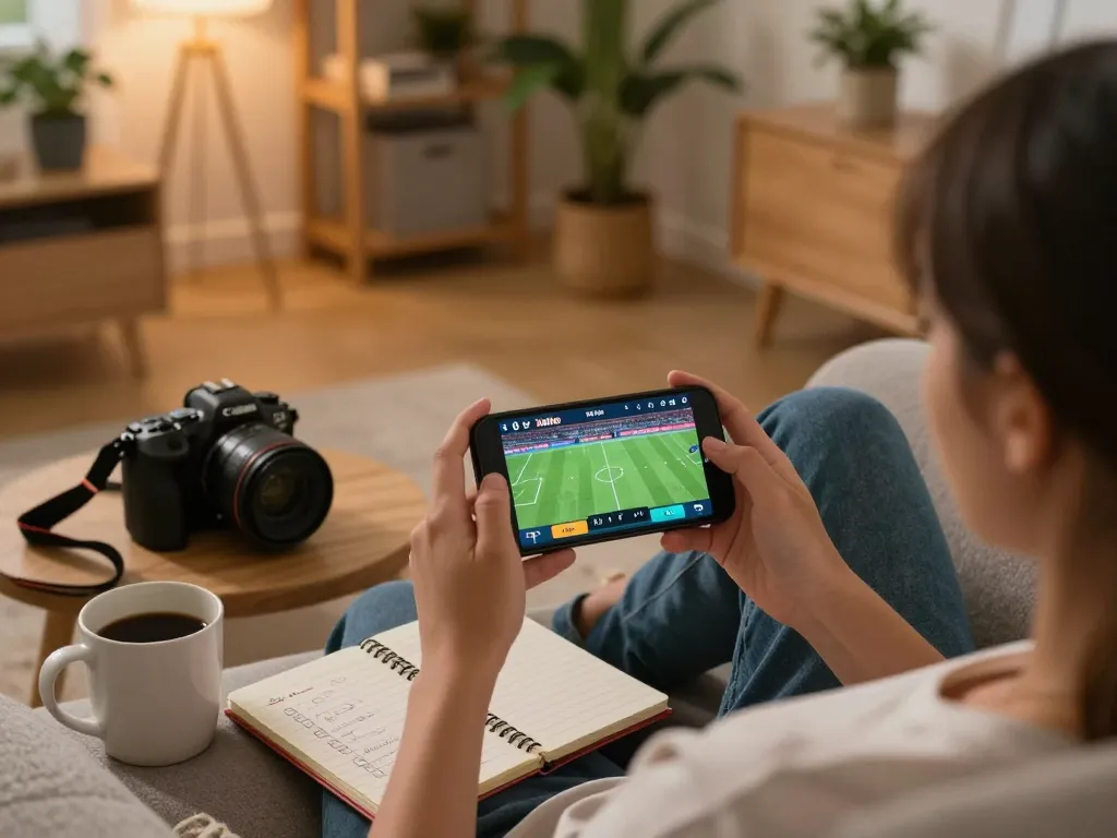 Xoilac TV live streaming experience shown on a mobile device in a cozy home environment.