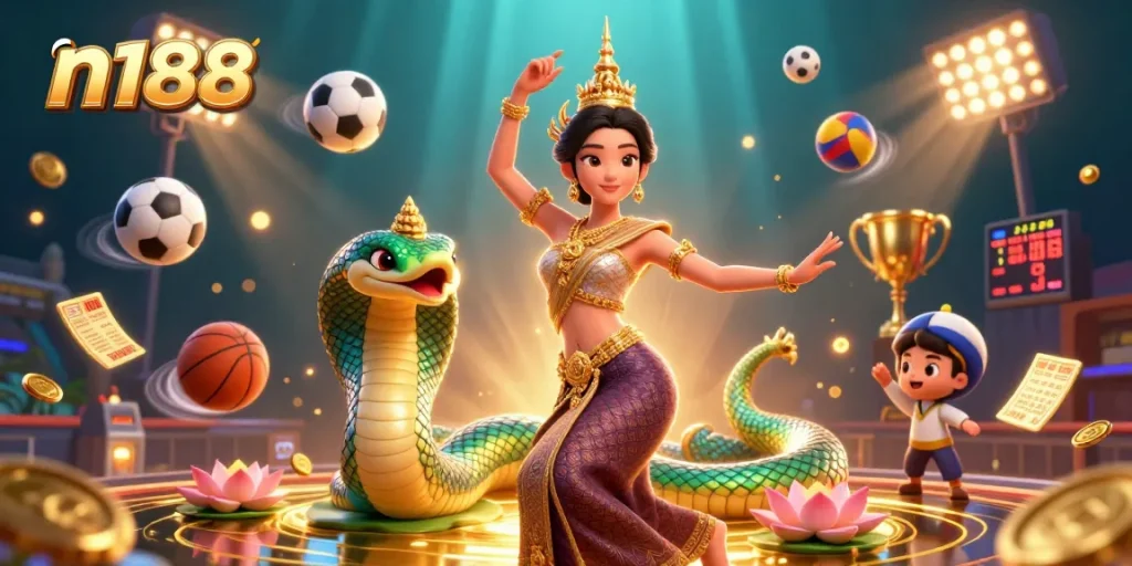 Experience the thrill of betting with n188's vibrant casino scene featuring a Thai dancer and dynamic gaming elements.