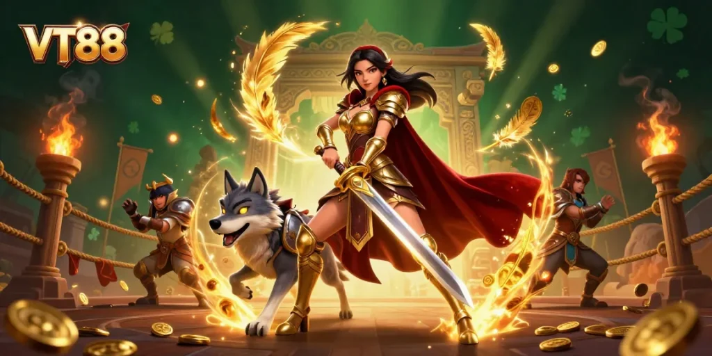 Engage with VT88's exciting casino atmosphere featuring a warrior queen and glowing wolf companion.